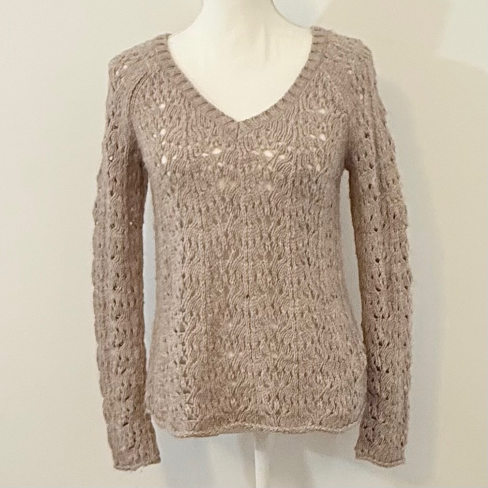 American Eagle Knit V-Neck Sweater Women’s Small Taupe Open Weave Wool Blend